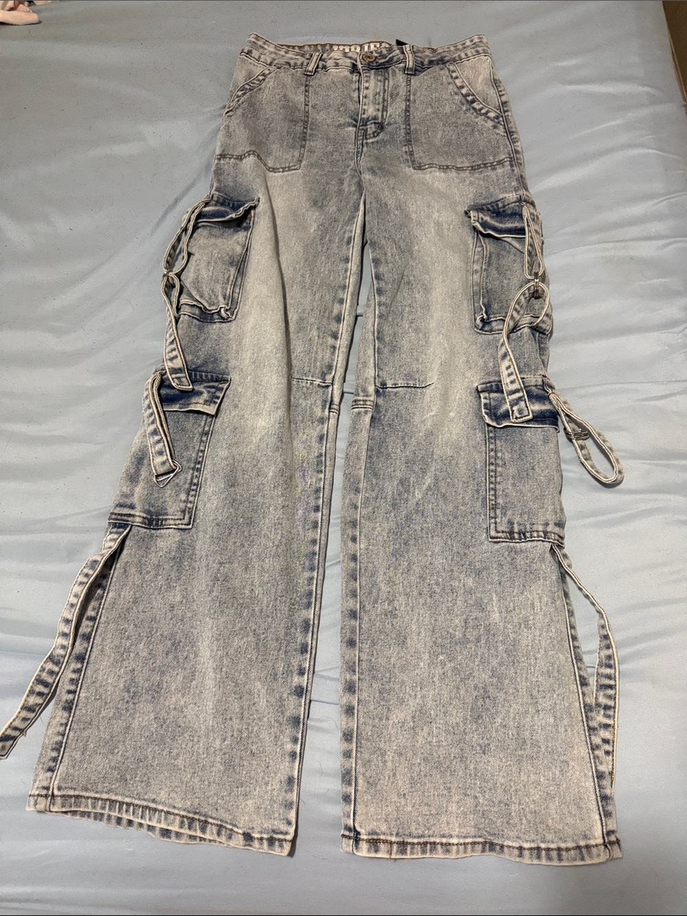 VIP Light Grey Acid Wash Cargo Jeans with Utility Straps
